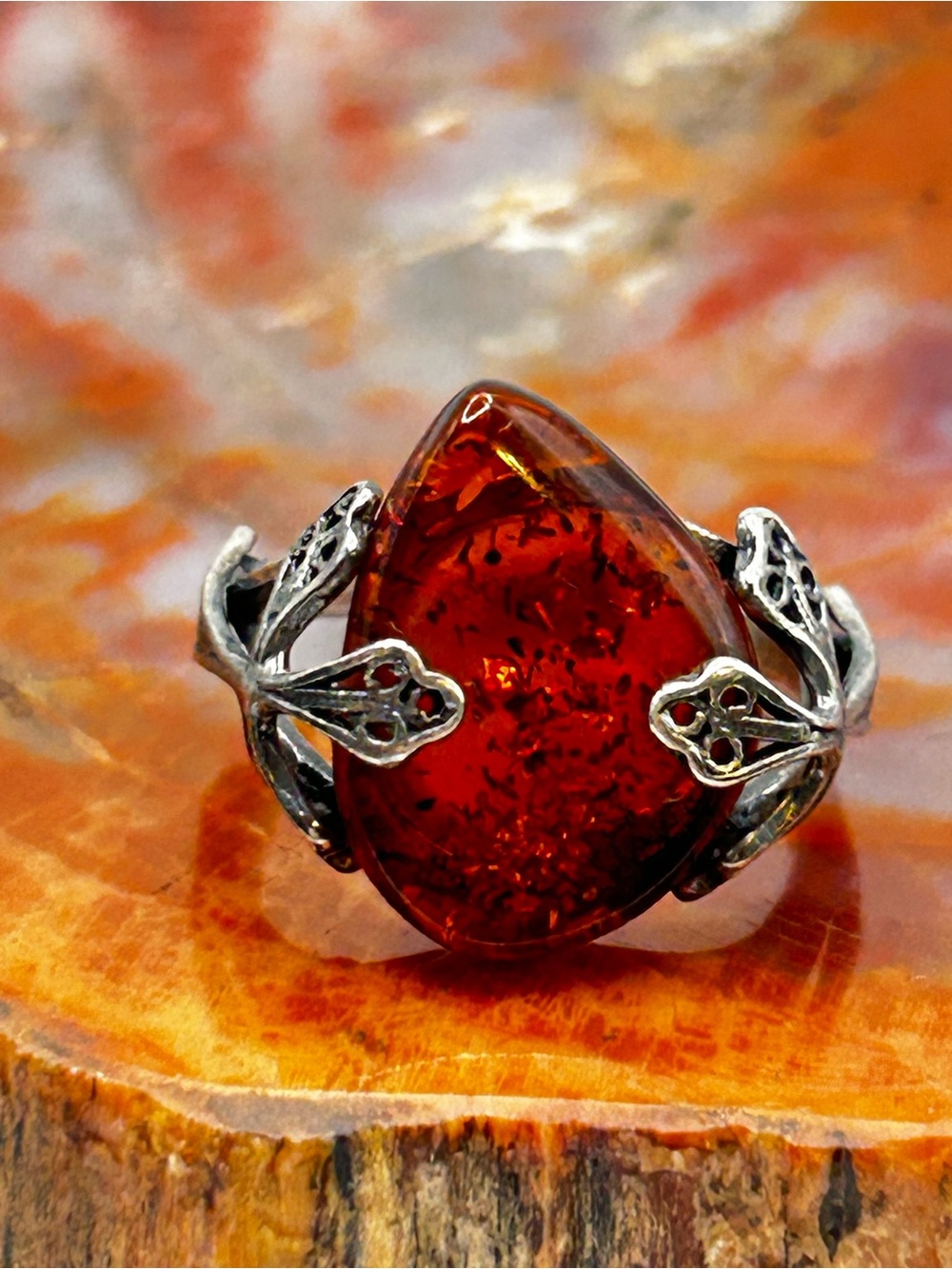 Antique Sterling Silver Red Amber Ring - Size 6.5